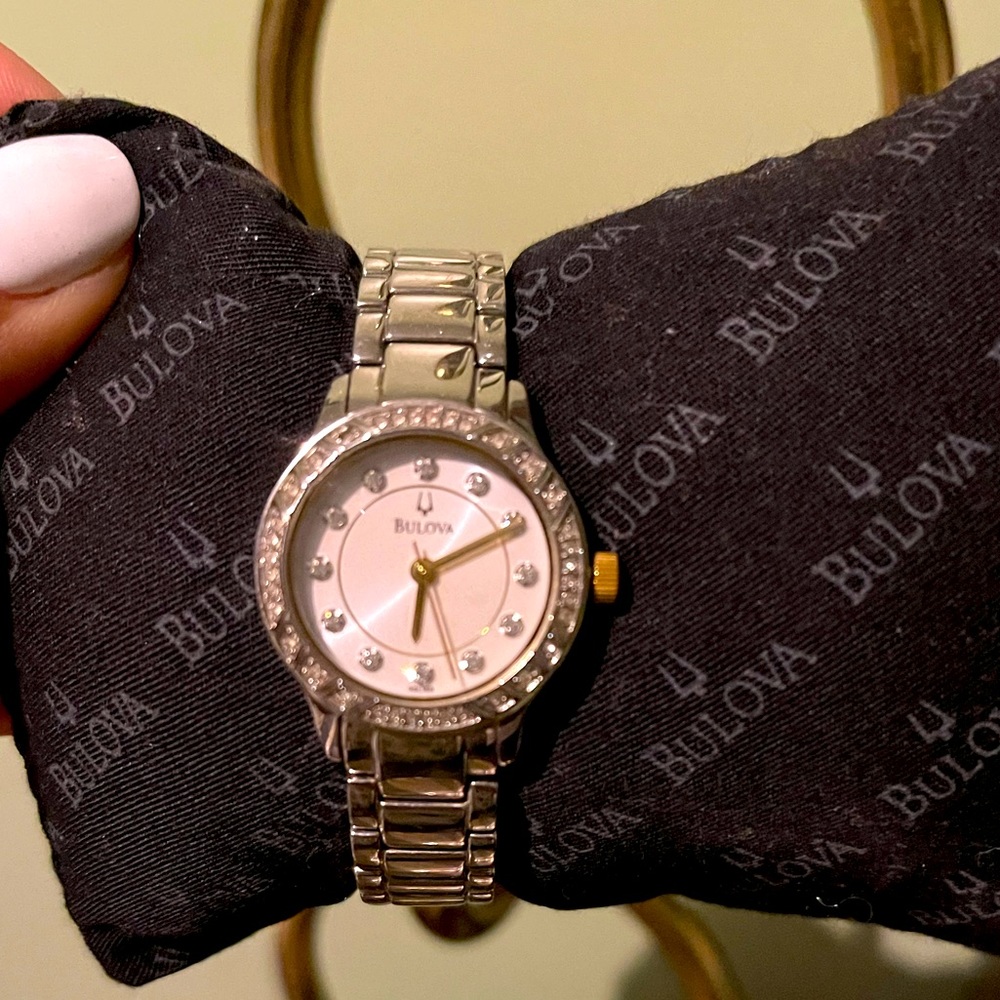 Silver and diamonds Bulova watch with original box